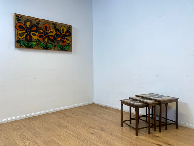 WMK I Stilvoller skandinavischer 3-in-1 Satztisch aus Eichenholz mit kunstvollen Fliesen I Couchtisch Wohnzimmertisch Fliesentisch Beistelltisch Danish Design Mid-Century Vintage Berlin Zossen München