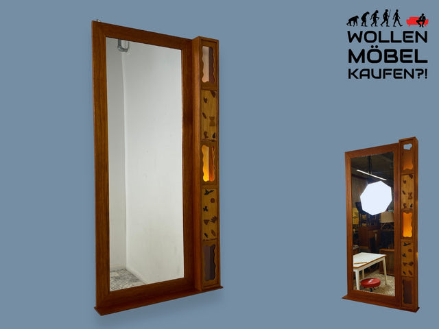 WMK I Einzigartiger skandinavischer 60er Jahre Wandspiegel aus Teakholz mit stimmungsvoller Beleuchtung I Spiegel Flurspiegel Garderobe Danish Design Vintage Mid-Century Teak Berlin Hamburg Frankfurt