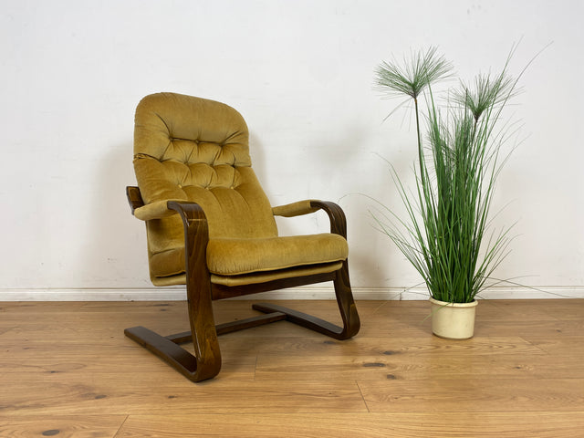 WMK 1/3 Formschöner, äußerst bequemer & sehr gut erhaltener skandinavischer Freisschwinger mit gestepptem Samtbezug # Sessel Lesesessel Relaxsessel Easy Chair Fernsehsessel Samt Vintage 70er Retro