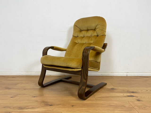 WMK 1/3 Formschöner, äußerst bequemer & sehr gut erhaltener skandinavischer Freisschwinger mit gestepptem Samtbezug # Sessel Lesesessel Relaxsessel Easy Chair Fernsehsessel Samt Vintage 70er Retro