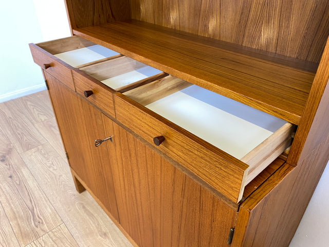 WMK # Stilvoller skandinavischer Mid-Century Bücherschrank in Teakholz mit auszieh. Schreibfläche & verstell. Regalböden # Bücherregal Regal Sekretär Highboard Kommode Sideboard Vintage Danish Design