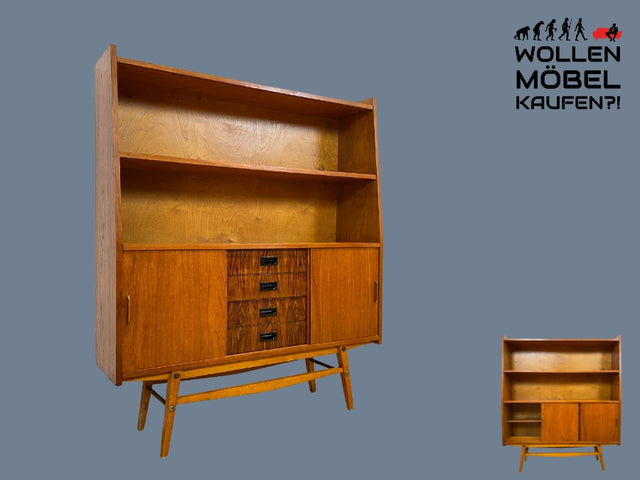 WMK I Stilvoller skandinavischer Mid-Century Bücherschrank in Teakholz mit Schiebetüren & Schubladen in Palisander I Highboard Bücherregal Regal Sideboard Schrank Danish Design Vintage Berlin Hamburg