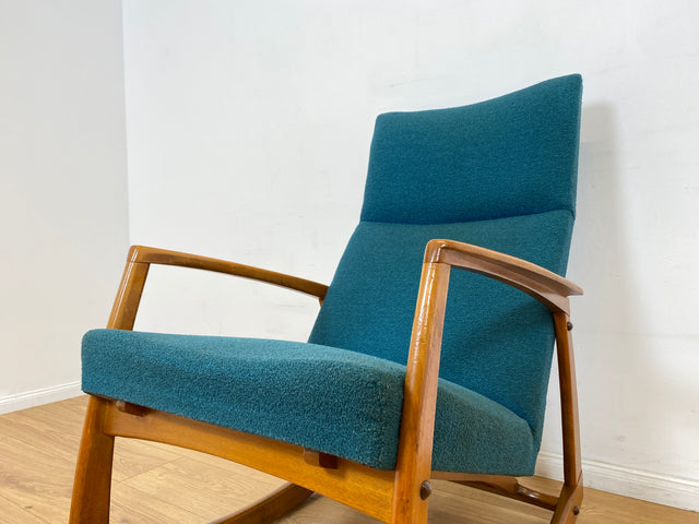 WMK # Stilvoller, gut erhaltener und sehr gemütlicher skandinavischer Mid-Century Schaukelstuhl mit Originalbezug in Petrolgrün # Sessel Lesesessel Schaukelsessel Rocking Chair Vintage Berlin München