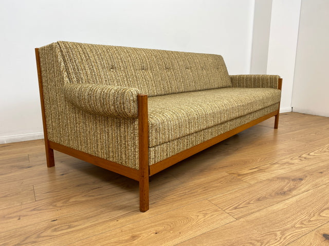 WMK # Hochwertiges skandinavischer Mid-Century Schlafsofa mit verstautem Doppelbett, feinem Wollbezug und Teakholz Rahmen # Sofa Couch Schlafcouch Ausziehsofa Klappsofa 3-Sitzer Danish Design Vintage