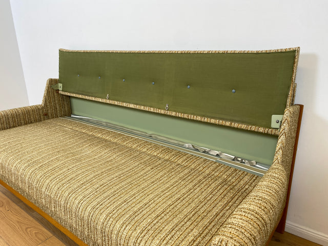 WMK # Hochwertiges skandinavischer Mid-Century Schlafsofa mit verstautem Doppelbett, feinem Wollbezug und Teakholz Rahmen # Sofa Couch Schlafcouch Ausziehsofa Klappsofa 3-Sitzer Danish Design Vintage