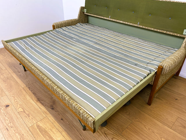 WMK # Hochwertiges skandinavischer Mid-Century Schlafsofa mit verstautem Doppelbett, feinem Wollbezug und Teakholz Rahmen # Sofa Couch Schlafcouch Ausziehsofa Klappsofa 3-Sitzer Danish Design Vintage