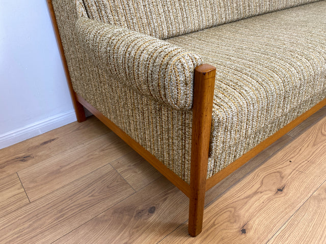 WMK # Hochwertiges skandinavischer Mid-Century Schlafsofa mit verstautem Doppelbett, feinem Wollbezug und Teakholz Rahmen # Sofa Couch Schlafcouch Ausziehsofa Klappsofa 3-Sitzer Danish Design Vintage