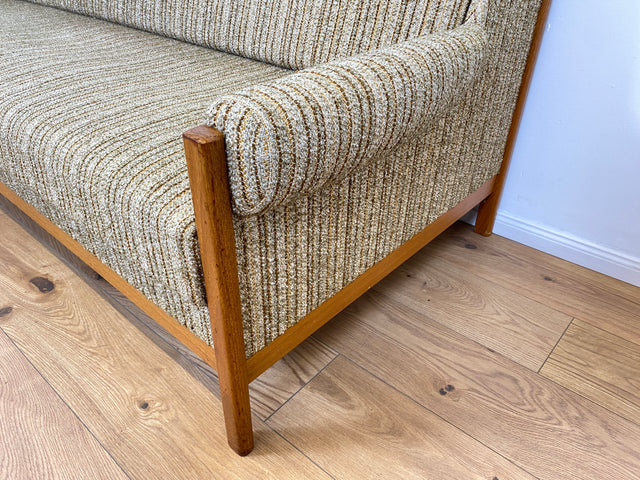 WMK # Hochwertiges skandinavischer Mid-Century Schlafsofa mit verstautem Doppelbett, feinem Wollbezug und Teakholz Rahmen # Sofa Couch Schlafcouch Ausziehsofa Klappsofa 3-Sitzer Danish Design Vintage