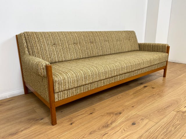 WMK # Hochwertiges skandinavischer Mid-Century Schlafsofa mit verstautem Doppelbett, feinem Wollbezug und Teakholz Rahmen # Sofa Couch Schlafcouch Ausziehsofa Klappsofa 3-Sitzer Danish Design Vintage