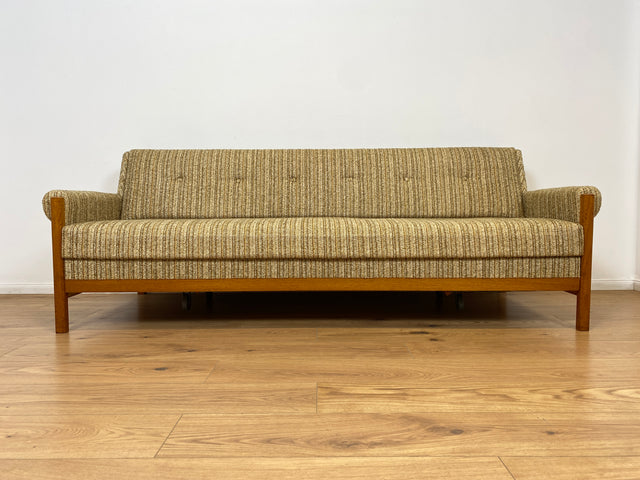 WMK # Hochwertiges skandinavischer Mid-Century Schlafsofa mit verstautem Doppelbett, feinem Wollbezug und Teakholz Rahmen # Sofa Couch Schlafcouch Ausziehsofa Klappsofa 3-Sitzer Danish Design Vintage