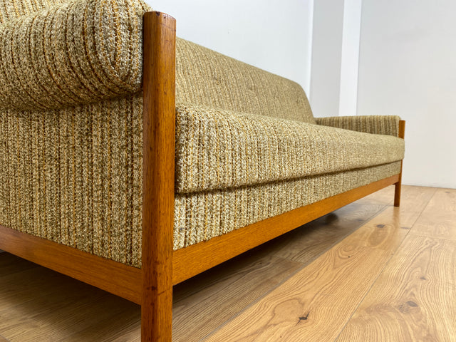 WMK # Hochwertiges skandinavischer Mid-Century Schlafsofa mit verstautem Doppelbett, feinem Wollbezug und Teakholz Rahmen # Sofa Couch Schlafcouch Ausziehsofa Klappsofa 3-Sitzer Danish Design Vintage
