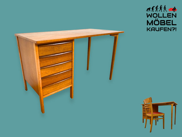 WMK I Feiner kleiner skandinavischer Mid-Century Schreibtisch in Teakholz mit Schubladen und Formschönen Holzgriffen I Desk Arbeitstisch Bürotisch Sekretär Danish Design Vintage Berlin Ulm Halle Teak