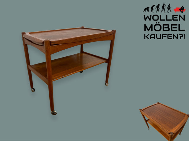 WMK I Stilvoller skandinavischer Mid-Century Servierwagen aus Teakholz auf Rollen mit abnehmbarem Serviertablett I Teewagen Beistelltisch Couchtisch Barwagen Danish Design Vintage Berlin Hamburg Köln