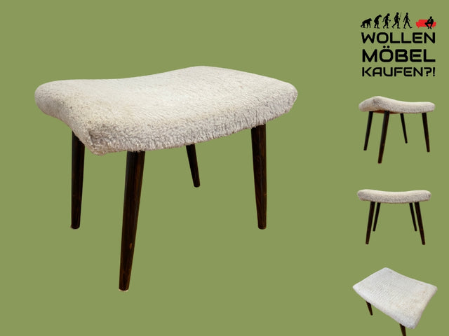 WMK I Versand 15€ I Hübscher skandinavischer Mid-Century Sitzhocker mit plüschigem weißem Bezug I Hocker Schemel Taburett Fußhocker Sitz Bank Vintage Danish Design 50er 60er I Berlin Essen Nürnberg