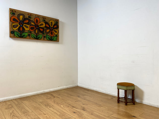 WMK I Wunderschöner skandinavischer Mid-Century Sitzhocker mit tollem handgewebtem Gobelin Bezug I Hocker Fußhocker Schemel Taburett Sitz Stuhl Vintage I Berlin Bremen Stuttgart I Versand möglich