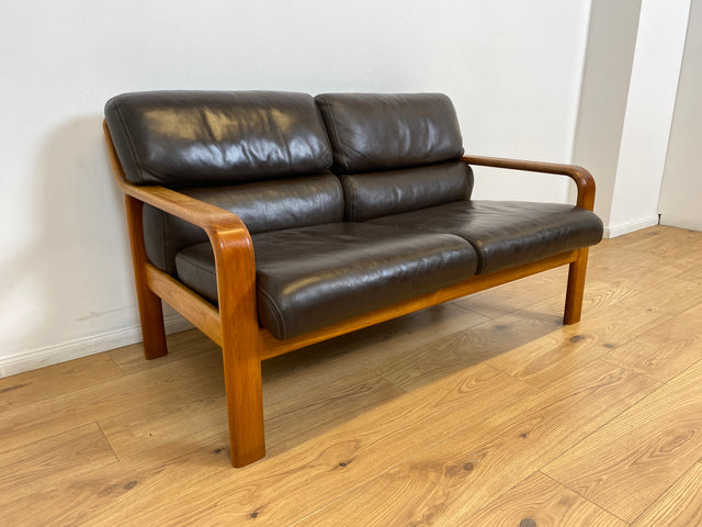 WMK # Rares skandinavisches Mid-Century Designersofa von L. Olsen & Søn Møbelfabrik mit Echtleder Bezug & Teakholz Rahmen # 2er Ledercouch Ledersofa Sofa Couch Sitzgarnitur Danish Design Vintage Teak
