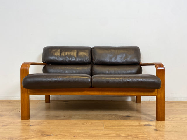 WMK # Rares skandinavisches Mid-Century Designersofa von L. Olsen & Søn Møbelfabrik mit Echtleder Bezug & Teakholz Rahmen # 2er Ledercouch Ledersofa Sofa Couch Sitzgarnitur Danish Design Vintage Teak