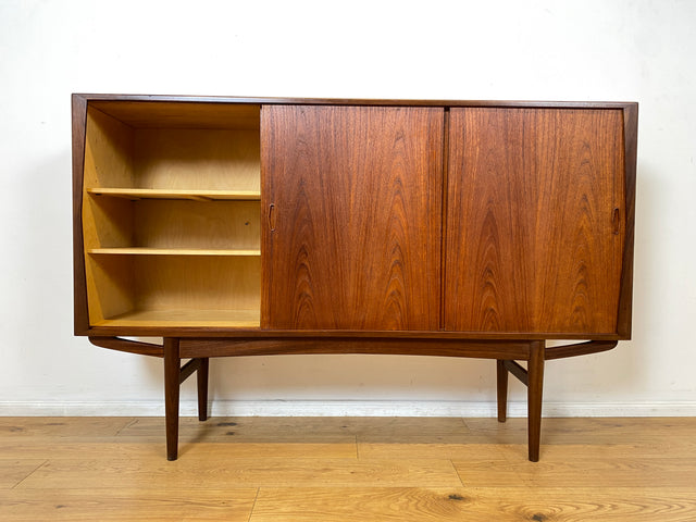 WMK I Besonders schönes skandinavisches Mid-Century Highboard in Teakholz mit Bar, Schiebetüren & Schubladen I Sideboard Schrank Barschrank Barkommode Danish Design Vintage 60er Berlin Hamburg München