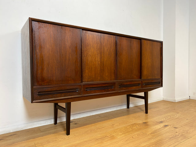 WMK I Hochwertiges skandinavisches Mid-Century Highboard in edlem Palisander mit Schubladen, Schiebetüren & Bar I Schrank Anrichte Sideboard Barkommode Barschrank Danish Design Vintage 60er Rosewood