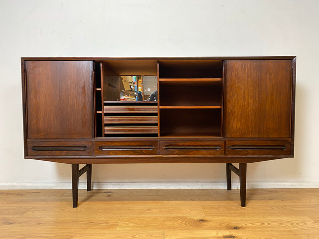 WMK I Hochwertiges skandinavisches Mid-Century Highboard in edlem Palisander mit Schubladen, Schiebetüren & Bar I Schrank Anrichte Sideboard Barkommode Barschrank Danish Design Vintage 60er Rosewood