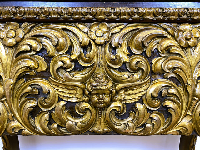 WMK I Das Highlight! Prunkvoller venezianischer antiker Schrank , um 1880, handbemalter Aufsatz auf geschnitzter vergoldeter Konsole mit Putti & Akanthus I Cabinet Bar Anrichte Kommode Chinois Barock