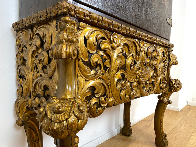 WMK I Das Highlight! Prunkvoller venezianischer antiker Schrank , um 1880, handbemalter Aufsatz auf geschnitzter vergoldeter Konsole mit Putti & Akanthus I Cabinet Bar Anrichte Kommode Chinois Barock