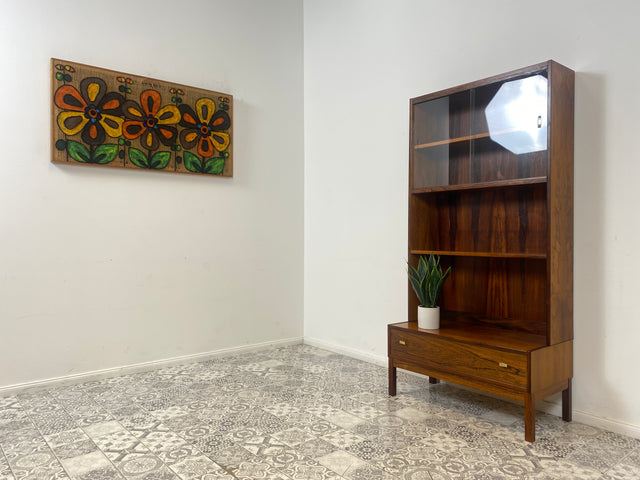 WMK Stilvoller & gut erhaltener skandinavischer Bücherschrank mit Vitrine , verstellb. Regalböden & Schublade , in edlem Palisander # Regal Bücherregal Highboard Kommode Rosewood Mid-Century Vintage