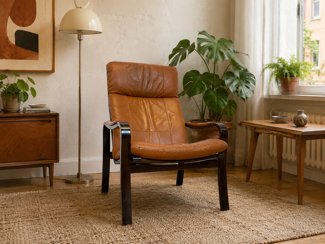 Stilvoller und gemütlicher skandinavischer Mid-Century Sessel mit Bugholzrahmen und braunem Echtleder Bezug I Ledersessel Loungesessel Lesesessel Freischwinger Leder Vintage I